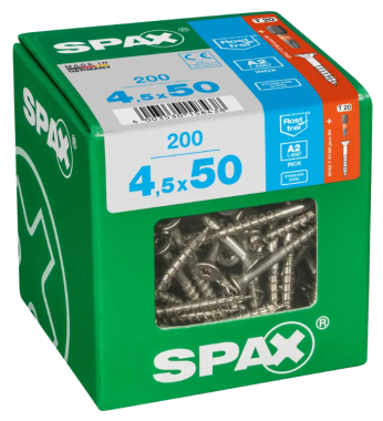 Spax Edelstahlschraube, 4,5 x 50 mm, 200 Stück, Teilgewinde, Senkkopf, T-STAR plus T20, 4CUT, Edelstahl rostfrei A2, 4197000450506